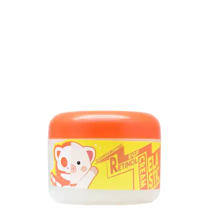 Frasco de creme facial da marca Elizavecca, com embalagem laranja e amarela, exibindo o texto "Retinol EGF", "Milky Piggy" e outros detalhes sobre o produto.