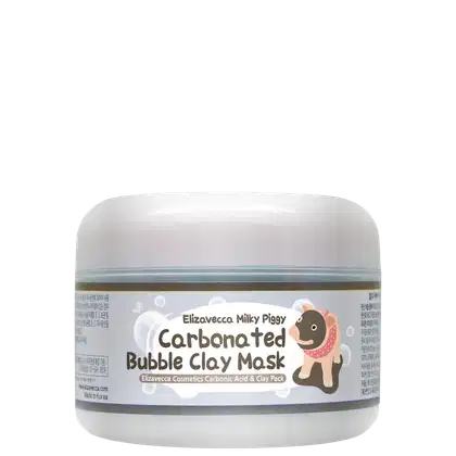 Frasco branco com rótulo da marca Elizavecca apresentando um produto de máscara de argila efervescente "Milky Piggy Carbonated Bubble Clay Mask", com ilustração de um porquinho rosa.