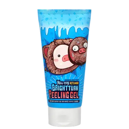 Produto de beleza Elizavecca Bright Turn Peeling Gel em embalagem azul com ilustrações de porcos e textura de gel. Contém informações sobre o produto, como "Hell-Pore Vitamin" e "Bright Turn".