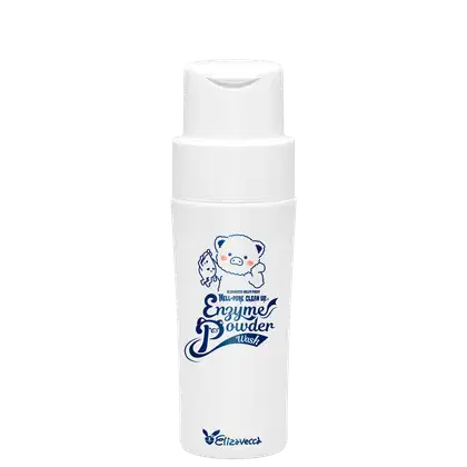 Frasco branco de produto de limpeza facial em pó da marca Elizavecca, com ilustração de personagem fofo e texto em azul descrevendo o produto como "Well-done clean up" e "Enzyme powder wash".