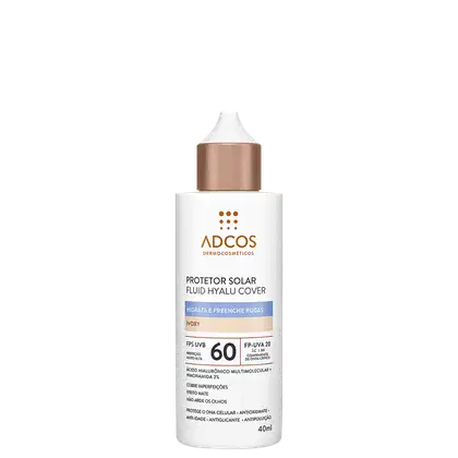 Protetor solar fluido Hyalu Cover da Adcos, com FPS 60 e embalagem branca, contendo informações sobre o produto e seus benefícios.