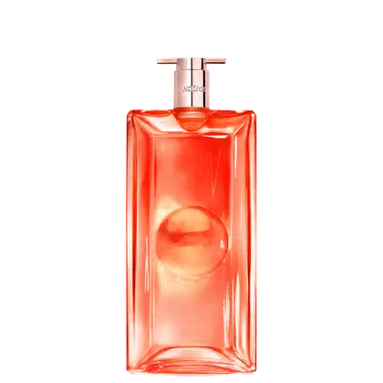 Frasco de perfume da marca Lancôme, com formato retangular e tampa rosada, em cor laranja vibrante.