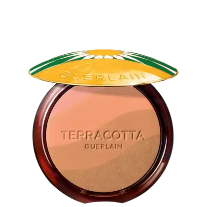 Pó compacto bronzeador Terracotta da Guerlain, com embalagem redonda em tons de marrom e amarelo, exibindo o nome da marca e do produto em destaque.