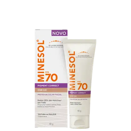 Protetor solar facial MineSol FPS 70 Pigment Correct Cor 2.0 em embalagem de tubo branco e laranja, com rótulo indicando propriedades de correção de pigmentação e textura ultraleve.