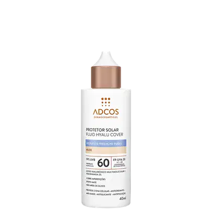 Protetor solar fluido Hyalu Cover da marca Adcos, com FPS 60 e embalagem branca, contendo informações sobre o produto em rótulo.