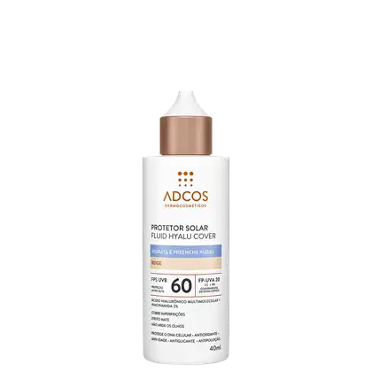 Protetor solar fluido Hyalu Cover da marca Adcos, com FPS 60 e embalagem branca e tampa cobre. O produto é descrito como hidratante e preenchedor de rugas.