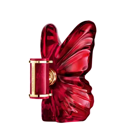 Frasco de perfume Carolina Herrera em formato de borboleta, com tampa dourada e corpo em tom vermelho intenso, destacando-se pela sua forma escultural e elegante.