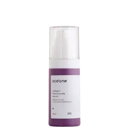 Frasco de vidro transparente com tampa branca, contendo sérum facial com microagulhas de colágeno da marca Océane, em tom roxo e branco.