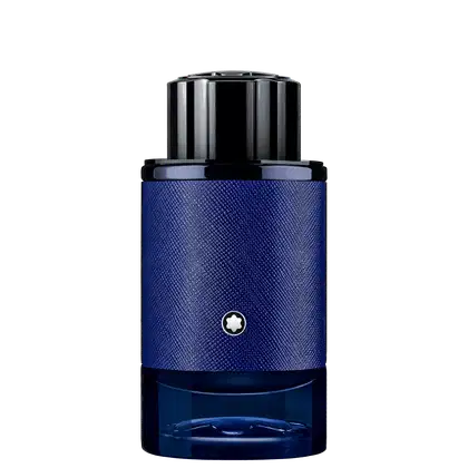 Frasco de perfume Montblanc de cor azul escuro com textura de couro, tampa preta e logotipo da marca. Embalagem elegante e sofisticada em estilo minimalista.