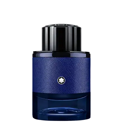 Frasco de perfume Montblanc em tom azul escuro com textura de couro, tampa preta e logotipo da marca. Embalagem elegante e sofisticada em design minimalista.