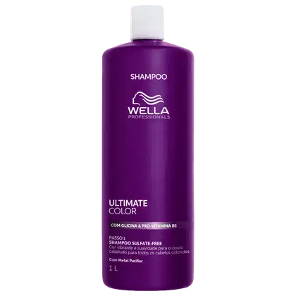 Frasco de shampoo da linha Ultimate Color da Wella Professionals, com 1 litro, em embalagem roxa com detalhes em branco, contendo informações sobre a fórmula com glicina e pró-vitamina B5.