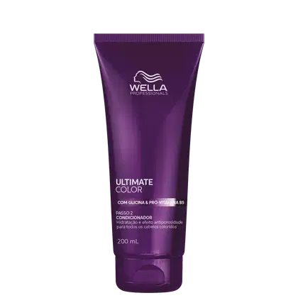 Frasco de condicionador da linha Ultimate Color da Wella Professionals, com 200 ml de volume, embalagem roxa com logo da marca, contendo informações sobre os benefícios do produto.