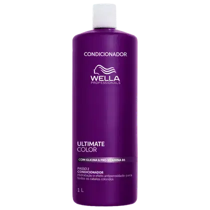 Frasco de condicionador da linha Ultimate Color da Wella Professionals, com 1 litro de volume, embalagem roxa com logo da marca, contendo informações sobre os benefícios do produto.