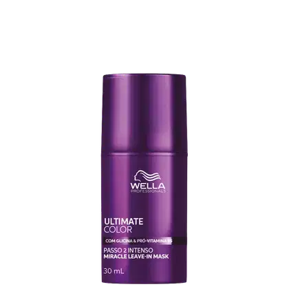 Frasco de máscara capilar da marca Wella Professionals, na cor roxa, com rótulo indicando "Ultimate Color" e "Passo 2 Intenso Miracle Leave-In Mask", com 30 ml de volume.