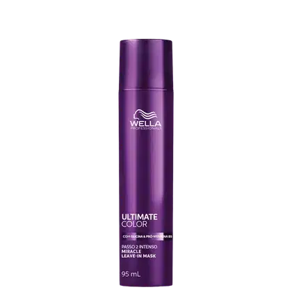 Frasco de máscara capilar da marca Wella Professionals, na cor roxa, com rótulo indicando "Ultimate Color" e "Passo 2 Intenso Miracle Leave-In Mask", com 95 ml de volume.