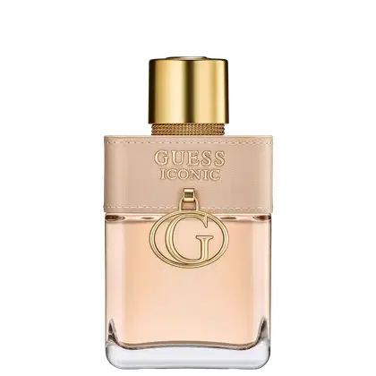 Frasco de perfume Guess Iconic, com embalagem em tons de bege e dourado, contendo o logotipo da marca em destaque. O frasco possui formato cilíndrico com tampa dourada, transmitindo uma imagem elegante e sofisticada.