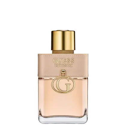 Frasco de perfume Guess Iconic com embalagem em tons de bege e dourado, contendo o logotipo da marca em destaque. O design é elegante e minimalista, com detalhes metálicos que conferem um aspecto sofisticado ao produto.