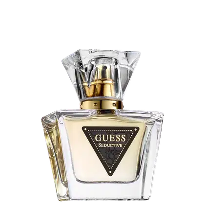 Frasco de perfume Guess Seductive com design geométrico em vidro transparente e detalhes dourados, rótulo preto com logotipo triangular.