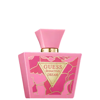 Frasco de perfume Guess Seductive Dream, com embalagem rosa e detalhes dourados, incluindo um rótulo triangular com o nome da marca e a descrição do produto.