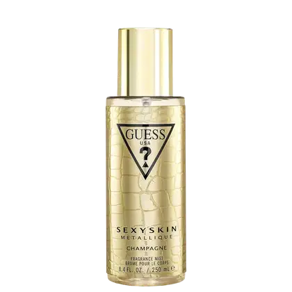 Frasco de perfume Guess Sexy Skin Metallique Champagne, com embalagem dourada e textura de couro, rótulo preto com logotipo triangular da marca.
