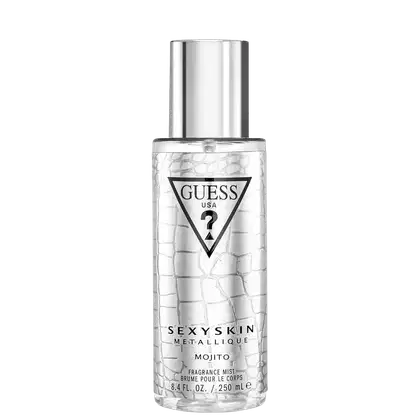 Frasco de perfume Guess Sexy Skin Metallique Mojito, com embalagem de vidro transparente e rótulo preto e branco, contendo 250 ml do produto.