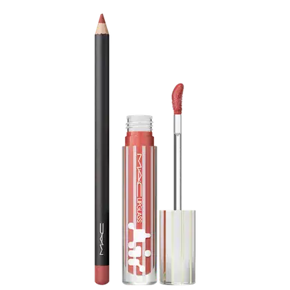 Lápis Labial Velvet Teddy (bege profundo) e Gloss Labial Air Non-Sticky na cor Casual (pêssego escuro) da marca M·A·C.