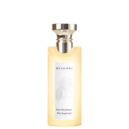 Frasco de perfume Bvlgari Eau Parfumée Thé Impérial, com design elegante em tons claros e rótulo branco com nome da marca. Embalagem com tampa metálica dourada, apresentando uma fragrância sofisticada da linha Bvlgari.