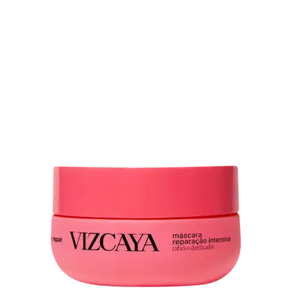 Embalagem rosa de máscara reparadora intensiva da marca Vizcaya, com texto em preto destacando o nome da marca e a função do produto.