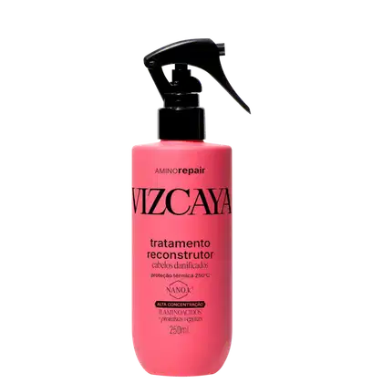 Frasco rosa com rótulo preto da linha Vizcaya Aminorepair, tratamento reconstrutor para cabelos danificados, com proteção térmica de 250°C e alta concentração de aminoácidos.