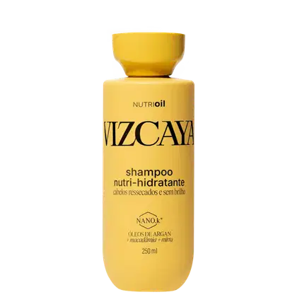 Frasco amarelo de shampoo Vizcaya Nutri-Hidratante, com 250 ml de volume, contendo óleos de argan, macadâmia e mirra, para cabelos ressecados e sem brilho.