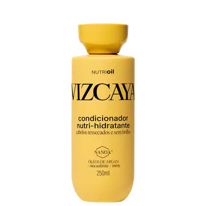 Frasco amarelo de condicionador Vizcaya Nutri-hidratante, com 250ml, contendo óleos de argan, macadâmia e mirra, para cabelos ressecados e sem brilho.