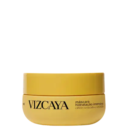 Pote amarelo com rótulo "VIZCAYA" contendo máscara hidratação intensiva para cabelos ressecados e sem brilho.