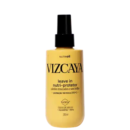 Frasco amarelo da linha Vizcaya contendo leave-in nutri-protetor para cabelos ressecados e sem brilho, com proteção térmica de até 250°C, enriquecido com óleos de argan, macadâmia e mirra.