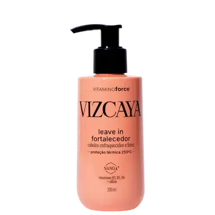 Frasco de 200 ml de leave-in fortalecedor da linha Vizcaya, com bomba dosadora preta. Rótulo em laranja com o nome do produto e informações sobre sua função de proteção térmica a 250°C.