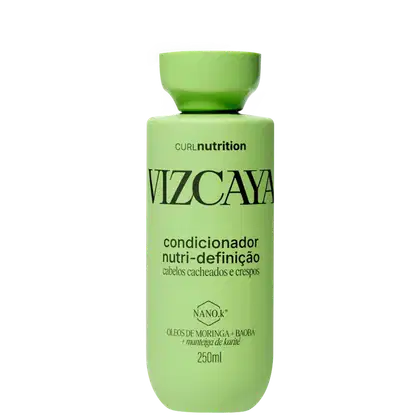 Frasco verde de 250ml do condicionador Vizcaya Curl Nutrition, com rótulo destacando os ingredientes de moringa, baobá e manteiga de karité para cabelos cacheados e crespos.