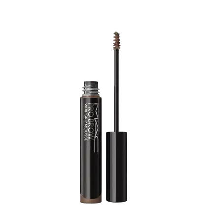 Frasco preto com aplicador em espiral. Produto para sobrancelhas em tom marrom, com embalagem cilíndrica e tampa preta destacada.