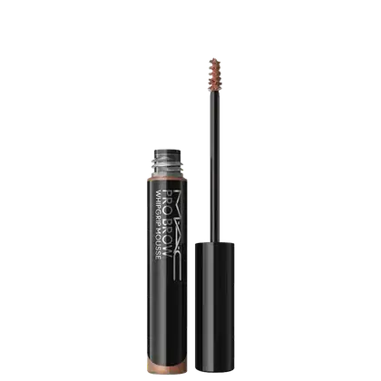 Pro Brow Whipscultpouse MAC em embalagem cilíndrica preta com aplicador em espiral. Produto em tom marrom claro, frasco com rótulo branco e tampa preta destacável.
