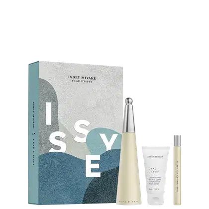 Caixa e frascos de perfume e loção corporal da marca Issey Miyake, com cores predominantes de cinza, branco e azul. O rótulo exibe o nome da marca e do produto "L'eau d'Issey".