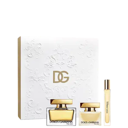 Conjunto de produtos de beleza Dolce & Gabbana "The One", composto por frasco de perfume, frasco menor e embalagem branca com detalhes dourados e estampas florais em relevo.