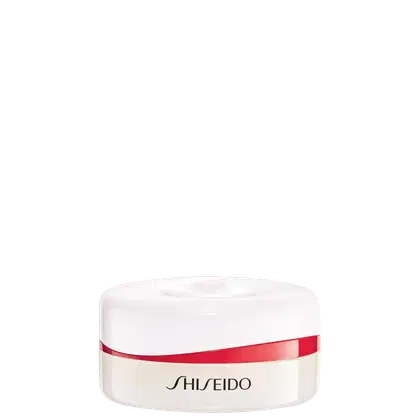 Pote branco com faixa vermelha na borda, contendo logotipo da marca Shiseido em preto, produto de cuidados com a pele.