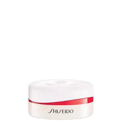 Pote branco com faixa vermelha e logotipo Shiseido, contendo pó solto facial.