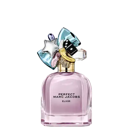 Frasco de perfume rosa da linha "Perfect Marc Jacobs Elixir", com tampa dourada e detalhes em formas geométricas coloridas, exibindo o nome da marca e do produto em destaque.