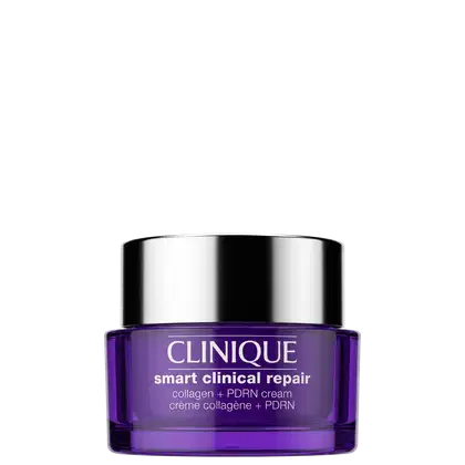 Frasco de creme facial da marca Clinique, na cor roxa, com rótulo destacando "smart clinical repair" e "collagen + PDRN cream".