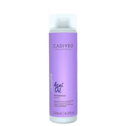 Frasco de shampoo Cadiveu Professional Acai Oil, com embalagem roxa e branca, contendo 250ml do produto. O rótulo destaca o nome "Acai Oil" e menciona que o shampoo nutre e revitaliza os cabelos.