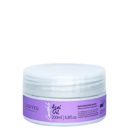Frasco de máscara nutritiva Cadiveu Professional com 200ml, contendo óleo de açaí. Embalagem circular transparente com rótulo roxo destacando o nome do produto.