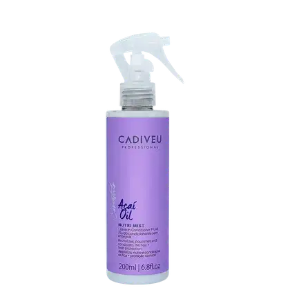 Frasco de spray Cadiveu Professional com rótulo roxo, contendo 200ml de Nutri Mist com óleo de açaí, produto para condicionamento e proteção do cabelo.