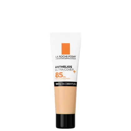 Tubo de protetor solar La Roche-Posay Anthelios Ultra Cover com FPS 85, embalagem branca e laranja, com informações sobre a alta proteção e cobertura.