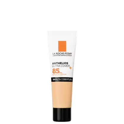 Tubo de protetor solar La Roche-Posay Anthelios Ultra Cover+ com FPS 85, embalagem branca e laranja, destacando a alta proteção e cobertura.