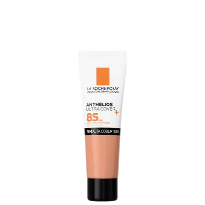 Tubo de protetor solar La Roche-Posay Anthelios Ultra Cover com FPS 85, embalagem branca e laranja, com informações sobre a alta proteção e cobertura.