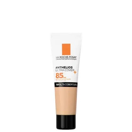 Tubo de protetor solar La Roche-Posay Anthelios Ultra Cover com FPS 85, embalagem branca e laranja, com informações sobre a alta proteção e cobertura.